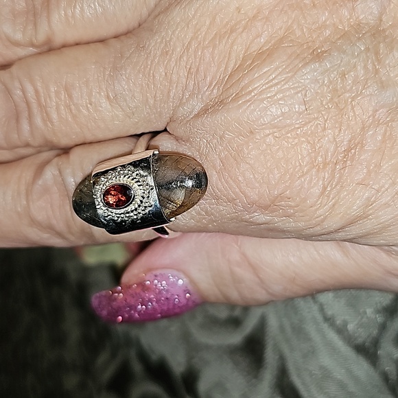 New Sterling Silver Chiastolite and garnet ring Size 9 - Picture 11 of 15